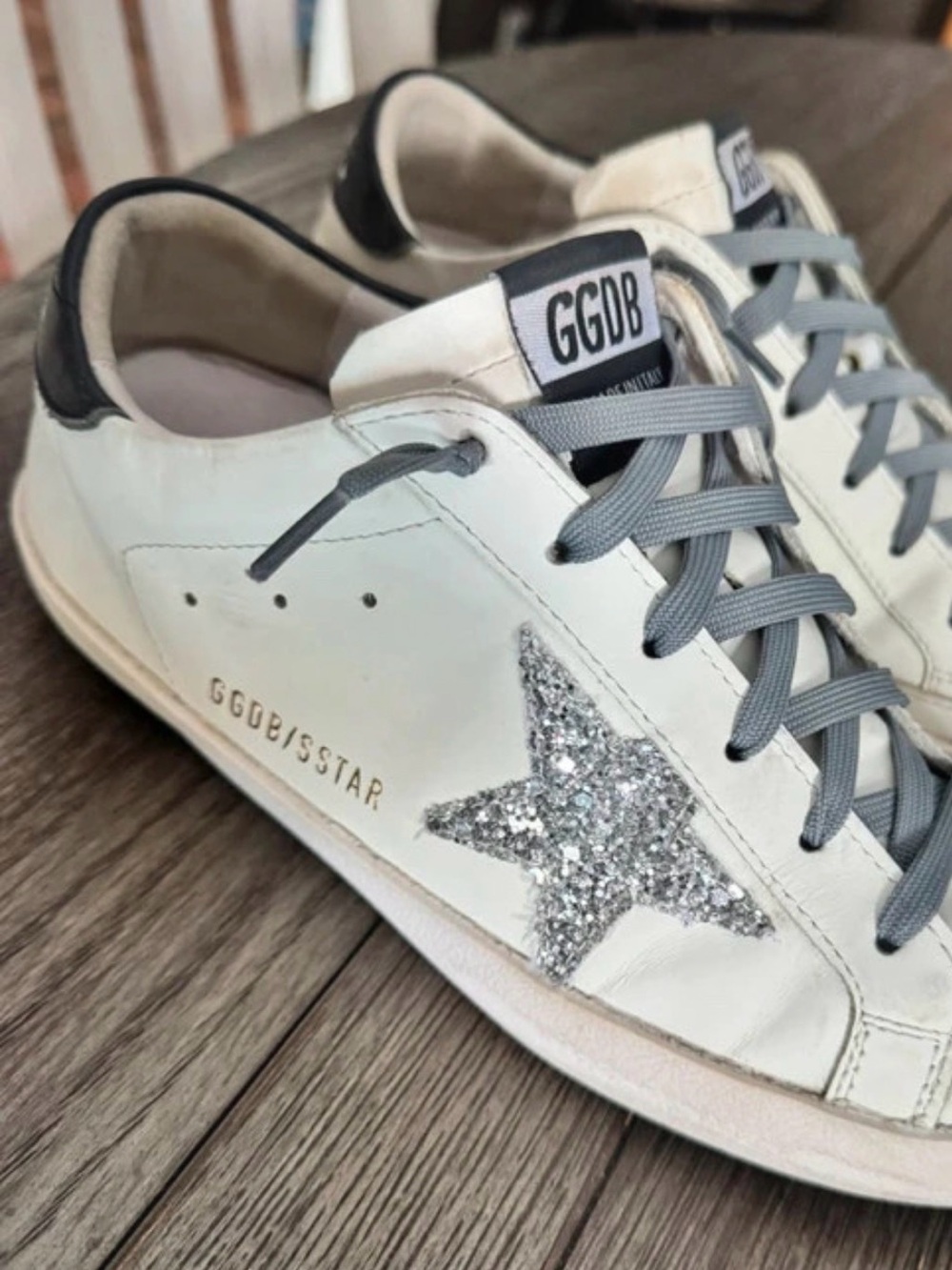 Golden Goose White Leather Sneakers with Silver Glitter Star